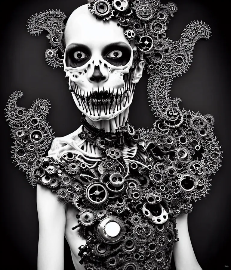 Prompt: surreal black and white photo portrait of complex bio-mechanical beautiful young female undead skeletal cyborg with a Mandelbrot fractal steampunk metal fine lace face, retrofuturistic depressing hopeless horrific vibe, radiating dark energy aura, curled silver hair and a fine metal floral foliage super big lace collar by Alexander McQueen:: high fashion, haute couture, rococo, steampunk, silver filigree details, anatomical, facial muscles, cable wires, microchip, elegant, hyper realistic, 150 mm lens, soft rim light, octane render, unreal engine, volumetric lighting, 8k,