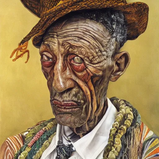 Image similar to high quality high detail painting by lucian freud, hd, portrait of a witch doctor