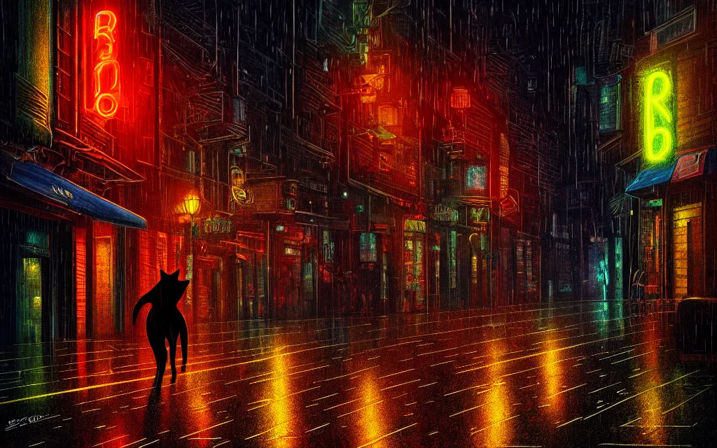 Image similar to black cat running through heavy rain in an emprty neon lit street at night by wlop, ultra detailed color art, high detail, digital art