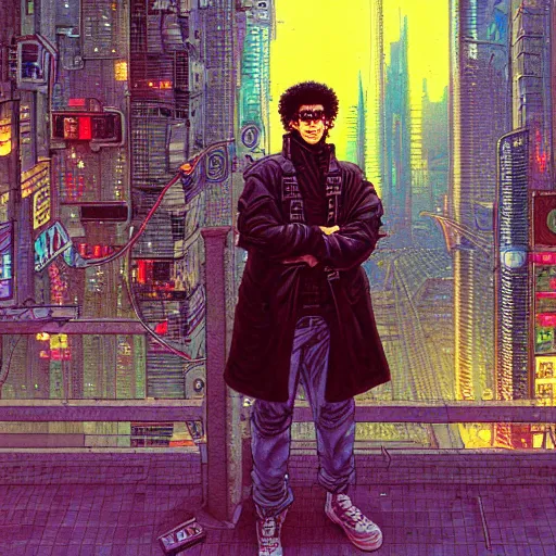 Prompt: a intricately detailed cyberpunk painting of a young curly-haired persian guy cognitive Scientist wearing round glasses in a dreamy cityscape by Masamune Shirow and Moebius