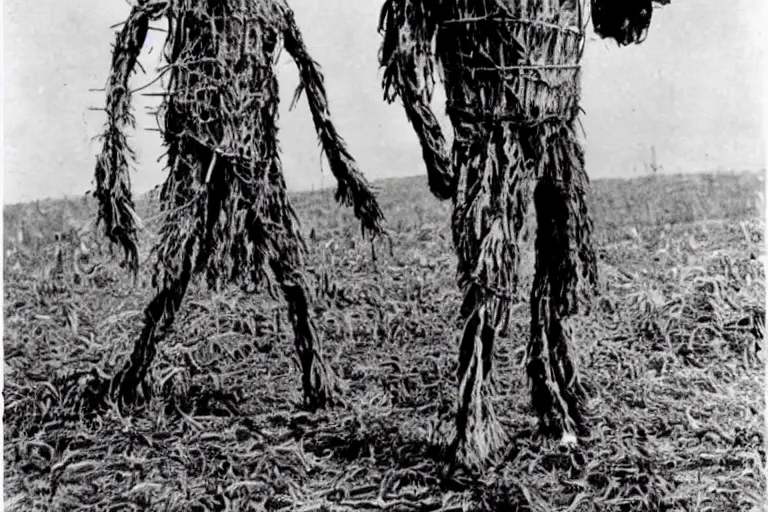 Image similar to disturbing scarecrow from the early 1 9 0 0's burning down the cornfields