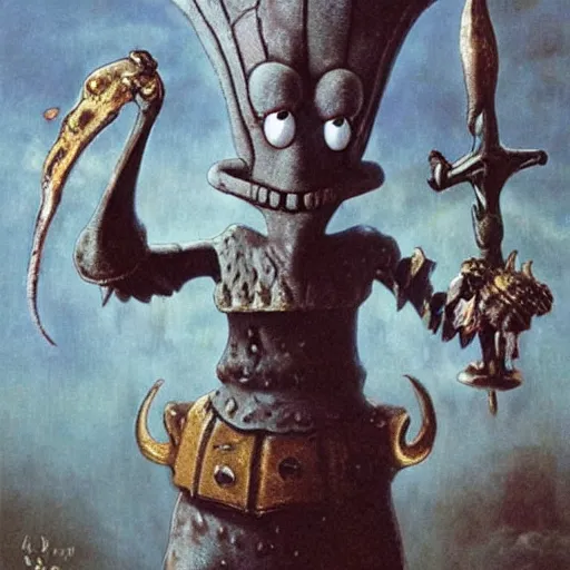 Prompt: squidward as a dark souls boss by Salvador Dalí