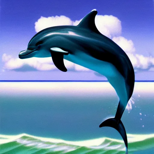 Prompt: a dolphin jumping in the air over the ocean, a hologram by rene magritte, cgsociety, computer art, seapunk, vaporwave, chillwave