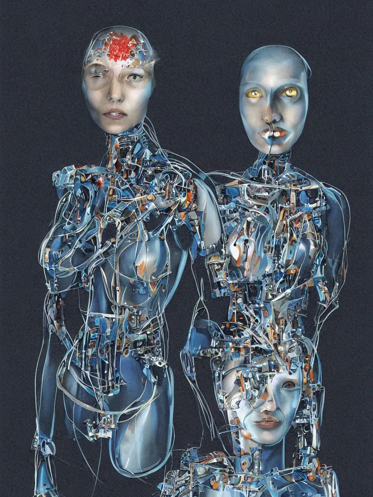 Image similar to science - fiction concept art digital drawing, by chris foss and chris moore and vincent di fate, of a beautiful cybernetic cyborg woman mannequin, with part biological eyes and heart, and exposed wiring, diagonal mid shot of head and torso, she has a sombre expression on her face