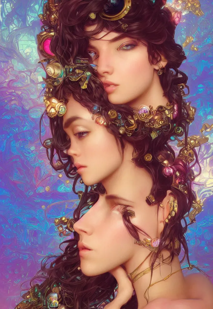 Image similar to beautiful, young woman, detailed gorgeous face, magical, steampunk, vaporwave aesthetic, synthwave, colorful, psychedelic, artstation, concept art, smooth, extremely sharp detail, finely tuned detail, ultra high definition, 8 k, unreal engine 5, ultra sharp focus, illustration, art by artgerm, greg rutkowski and alphonse mucha