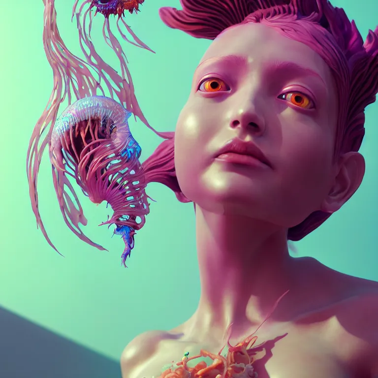 Prompt: goddess full painted acryllic sculpture close-up portrait. orchid bird phoenix jellyfish betta fish, intricate artwork by Tooth Wu and wlop and beeple. octane render, trending on artstation, greg rutkowski very coherent symmetrical artwork. cinematic, hyper realism, high detail, octane render, 8k