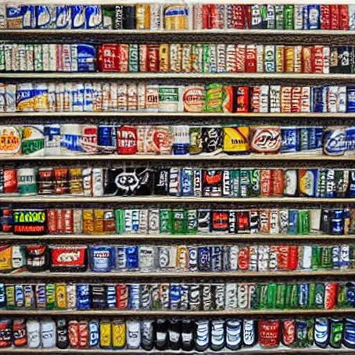 Image similar to a multilevel display of beer cans with cool trendy logos