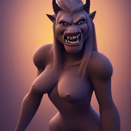 Image similar to portrait, pixar disney, waist-up angle, photo of a beautiful orcish lady, stern expression and proud posture, fantasy orc woman, sharp buck teeth, big eyes, cute smile, 8K studio photography, focus clarity, Full Shot, Strong Person that is pretty