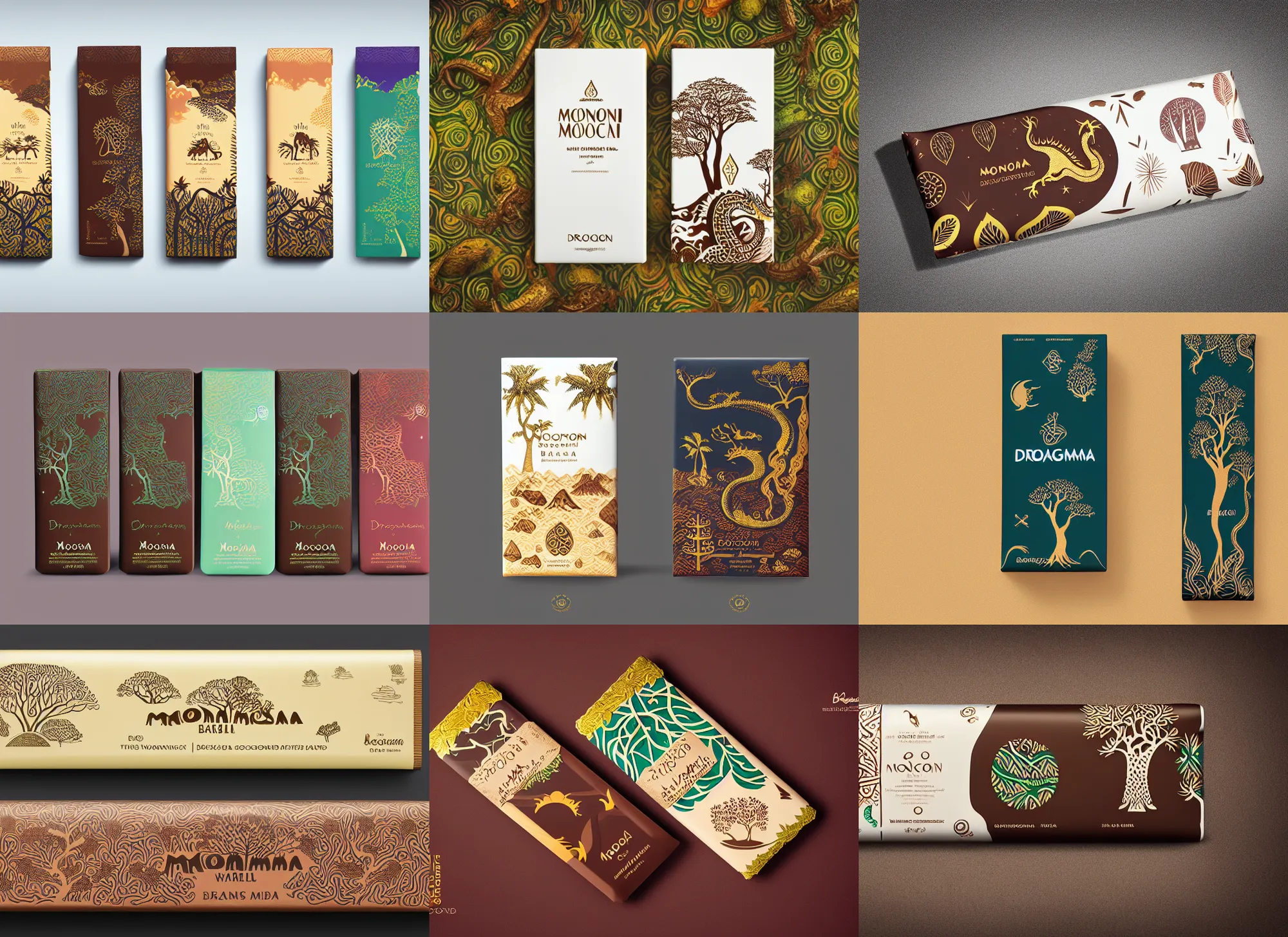 Prompt: conceptual designer chocolate bar packaging, inspired by moonlit socotra island with dragon trees, midsommar color theme, kerala motifs, label design, behance, pinterest, packaging of the world, award, front label, packaging design, octane render