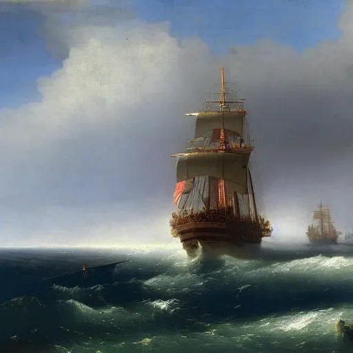 Prompt: a giant elephant walking at sea while a fleet of pirate ships pass by, Ivan Aivazovsky, 4k,