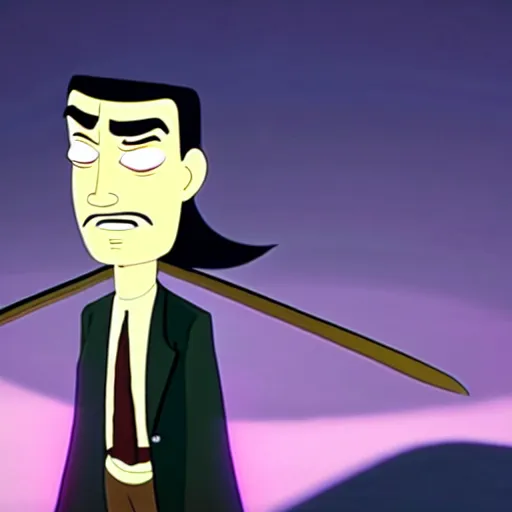 Image similar to mr. bean as samurai jack. movie still. cinematic lighting.