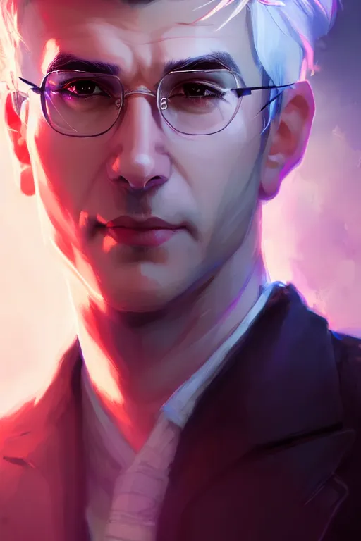 Prompt: character design, a handsome doctor with silver hair and a mixed face, blurred environment background, colorful magic effects, white skin, portrait, male, clothed, sharp focus, digital art, concept art, trending on artstation, dynamic lighting, by emylie boivin and rossdraws