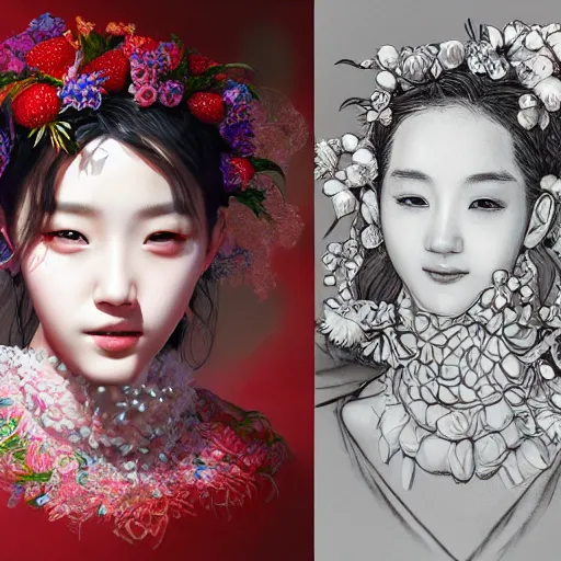 Image similar to the portrait of an absurdly beautiful, graceful, elegant, sophisticated, fashionable young kpop idol made of strawberries and white petals, an ultrafine hyperdetailed illustration by kim jung gi, irakli nadar, intricate linework, bright colors, octopath traveler, final fantasy, unreal engine 5 highly rendered, global illumination, radiant light, detailed and intricate environment