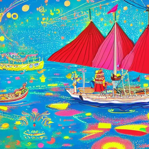 Prompt: psychedelic boat party, high resolution artistic photograph, bokeh, 4 k, epic, majestic, beautiful, by vogue magazine, by richard scarry and quentin blake