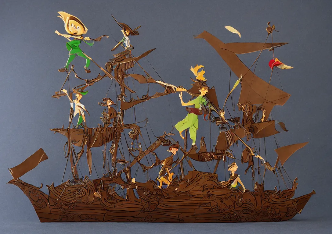 Prompt: a stylized cut paper sculpture of peter pan and captain hook swordfighting on a pirate ship