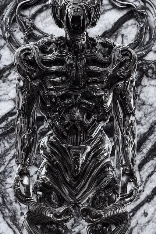 Image similar to engineer prometheus, xenomorph alien, highly detailed, symmetrical long head, smooth marble surfaces, detailed ink illustration, raiden metal gear, cinematic smooth stone, deep aesthetic, concept art, post process, 4k, carved marble texture and silk cloth, latex skin, highly ornate intricate details, prometheus, evil, moody lighting, hr geiger, hayao miyazaki, indsutrial Steampunk