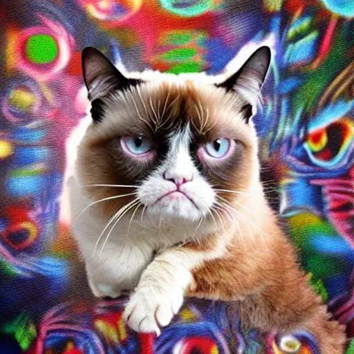 Prompt: grumpy cat In the middle of chaos