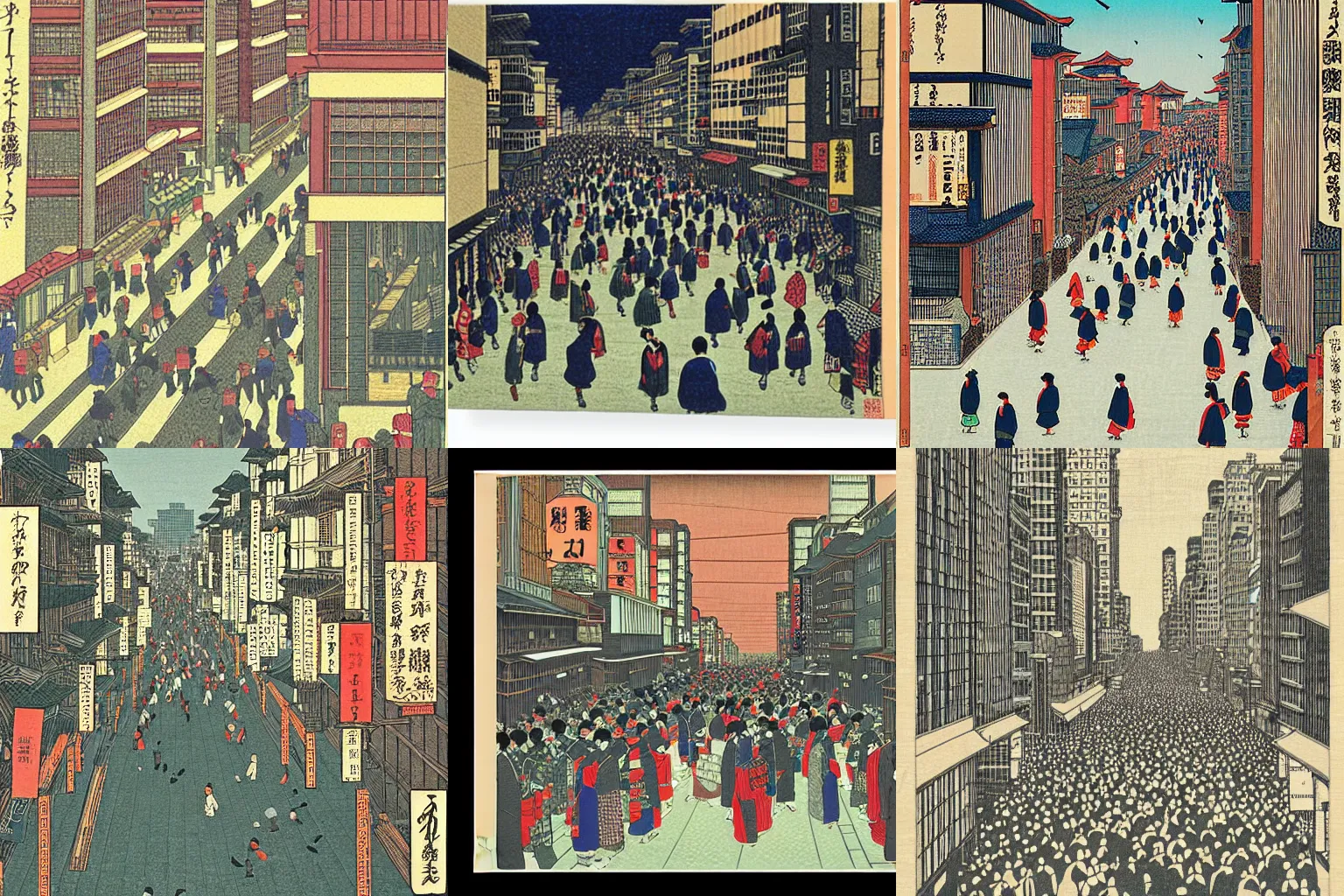 Prompt: Crowded NYC Streets, woodblock print by Kawase Hasui