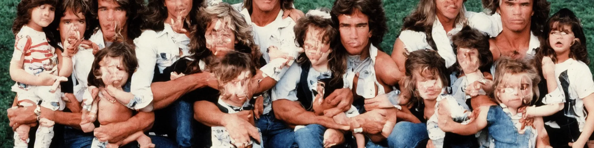 Prompt: 1980s family photo of arnold schwarzenegger impersonators