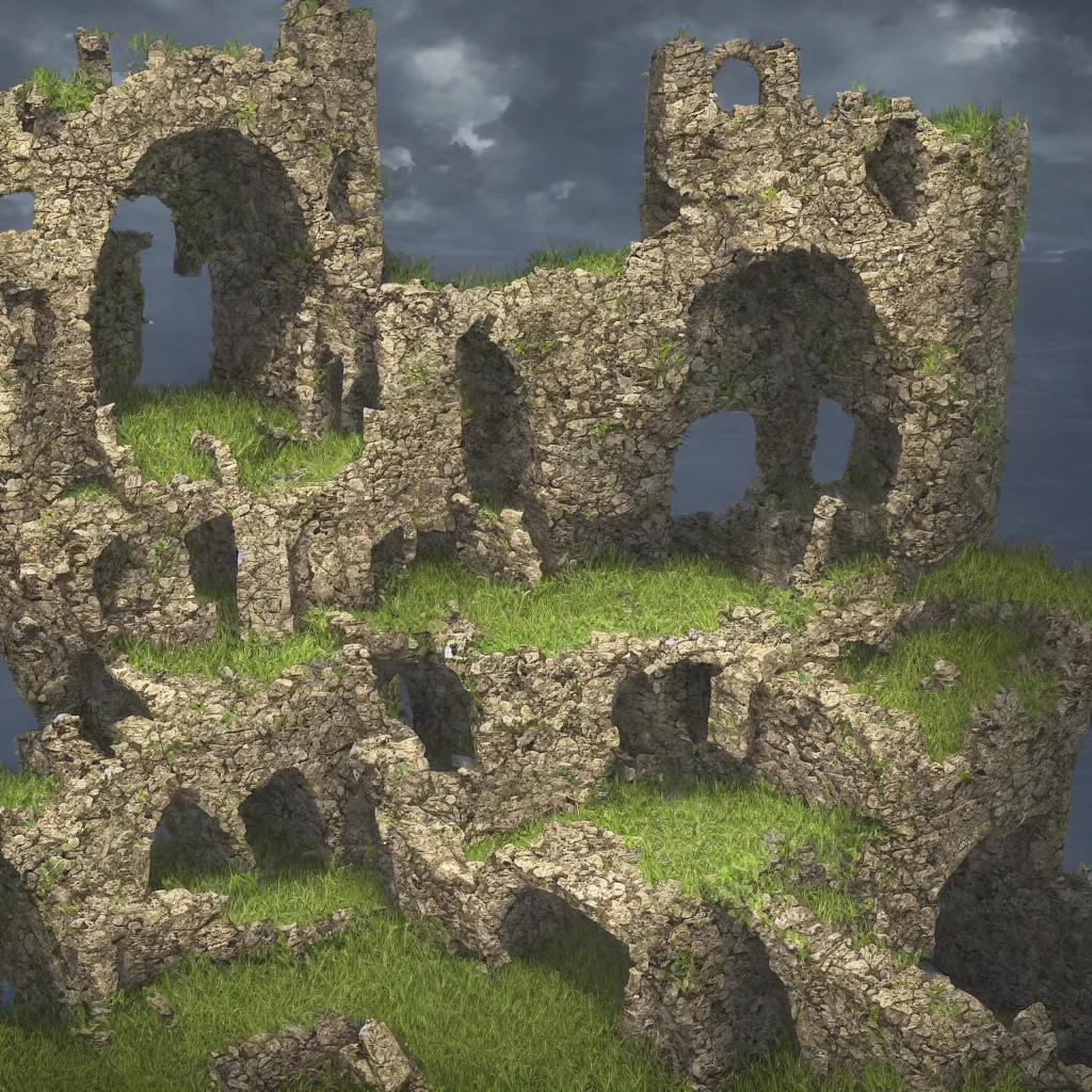 Image similar to looking up at a ruined castle on a small island only reachable by a small land bridge, 8 k, ultra realistic cinematic, intricate, cinematic light, concept art, illustration, art station