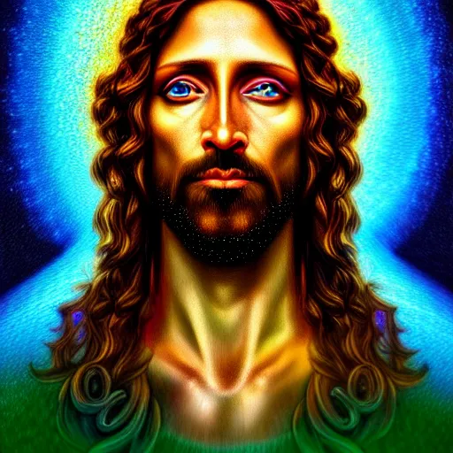 Prompt: An extremely psychedelic portrait of Jesus, surreal, LSD, face, detailed, intricate, elegant, lithe, highly detailed, digital painting, magical, Occult, artstation, concept art, smooth, sharp focus, illustration