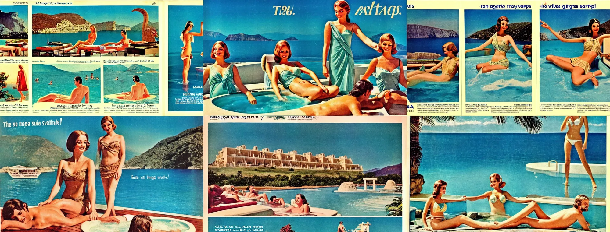 Prompt: 1970 vintage travel ad pages featuring a Greek mythology theme spa resort