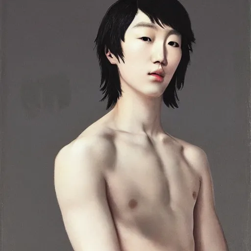 Prompt: a beautiful young korean male wearing alexander mcqueen, painted by michelangelo