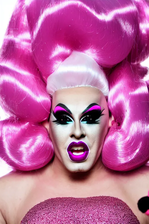 Prompt: 4k detailed portrait of a drag queen (man in drag with shocked surprised expression) wearing: heavy drag makeup, pink glitter mermaid gown, white satin gloves, huge wig styled in oversized pigtails with big pink bows