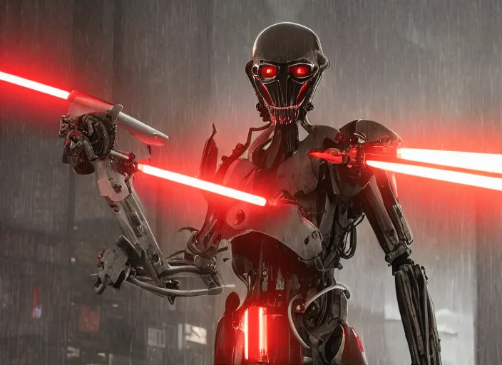 Image similar to 3 5 mm portrait photo of general grievous face with heavy duty biomechanical cybernetic body with 4 arms holding red lightsabers in the city in the rain. cyberpunk horror in the style of george lucas. unreal engine render with nanite and path tracing.