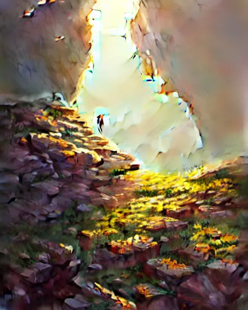 Image similar to highly detailed rock crumbles, stephen bliss, unreal engine, greg rutkowski, loish, rhads, beeple, makoto shinkai and lois van baarle, ilya kuvshinov, rossdraws, tom bagshaw, alphonse mucha, global illumination, god rays, detailed and intricate environment