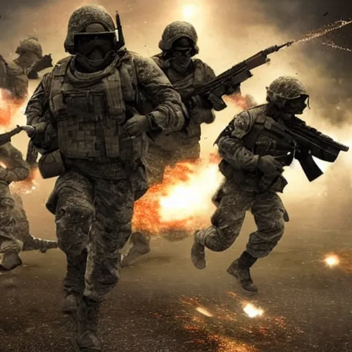 Image similar to hyper realism, realistic apocalyptic war scene, explosions, science - fiction soldiers running, bullet storm