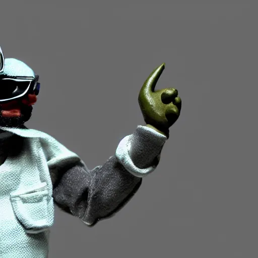 Image similar to a claymation film still of mf doom rapping. claymation by bruce bickford