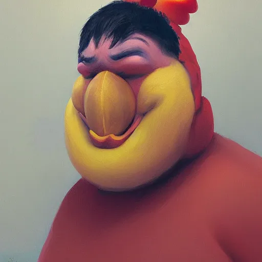 Image similar to scary portrait of an big fat asian man dressed as a chicken, the chicken man, man dressed as a chicken, highly detailed painting by sergey kolesov, 8 k, man dressed as a chicken