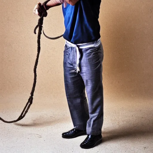 Prompt: photo of a man using a pair of pants from his laundry as a whip, funny, accident, high quality