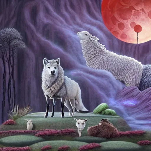 Prompt: a wolf with 2 sheep meditating in a zen garden with a waterfall under the blood moon, by Adi granov and afarin sajedi and amanda sage and evgeni gordiets and Agostino Arrivabene and adonna khare in a psychedelic portrait style, ultrarealistic matte painting, volumetric lighting, fractal, extremely symmetrical, highly detailed face, orisha, 8k, hd