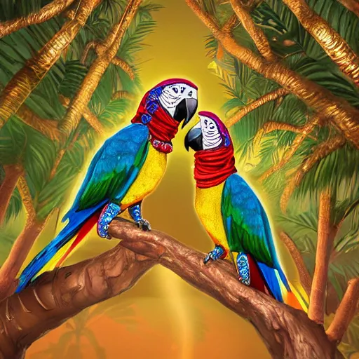 Image similar to parrots dressed in golden rings, necklaces and with caps on head, rapping and sitting on golden trees, rap scene, jungle concept art, trending on artstation, highly detailed, digital art, 8 k