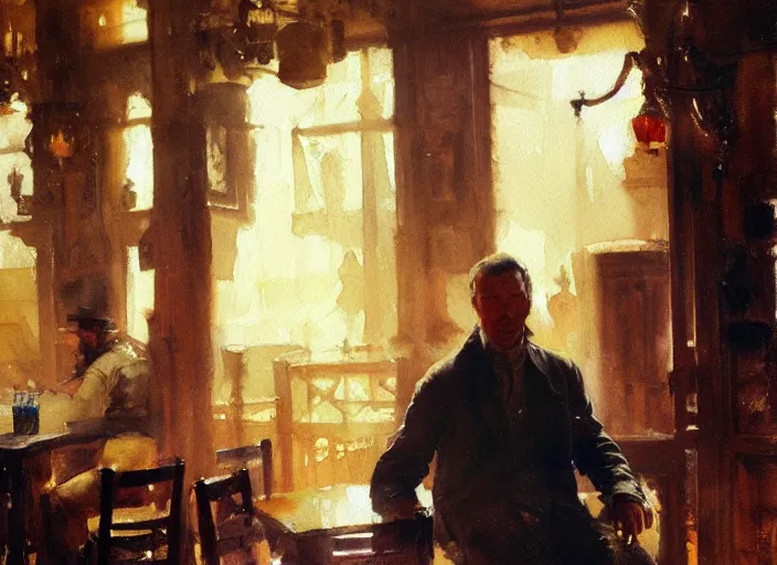 Prompt: oil watercolor painting of young rugged man in western bar, shaven stubble, short hair, mysterious light, art by anders zorn, wonderful masterpiece by greg rutkowski, beautiful cinematic light, american romanticism by greg manchess, creation by tyler edlin