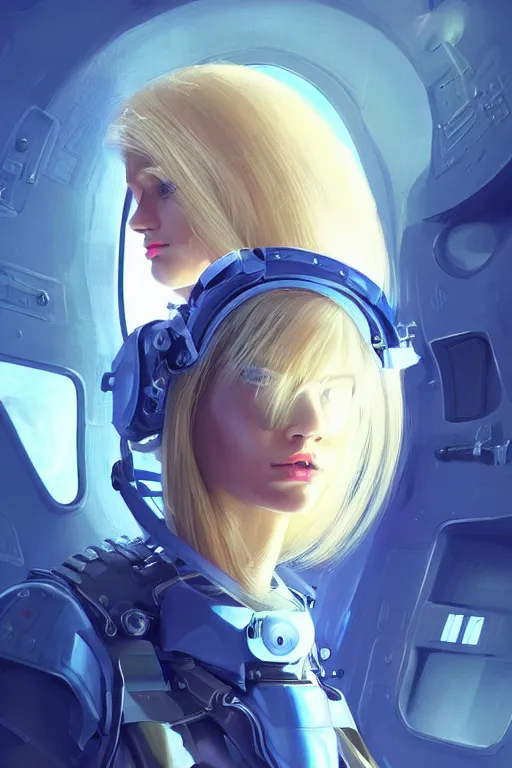 Image similar to portrait futuristic beautiful northern europe Airforce armored pilot Girl, blonde hair, blue eyes, at inside of future fighter aircraft, ssci-fi, fantasy, intricate, very very beautiful, elegant, human anatomy, neon light, highly detailed, digital painting, artstation, concept art, soft light, smooth, sharp focus, illustration, art by tian zi and WLOP and alphonse mucha