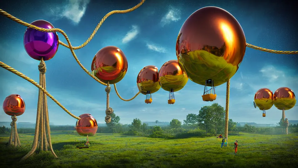 Prompt: large colorful futuristic space age metallic steampunk balloons with pipework and electrical wiring around the outside, and people on rope swings underneath, flying high over the beautiful countryside landscape, professional photography, 8 0 mm telephoto lens, realistic, detailed, digital art, unreal engine