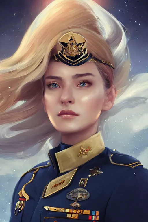 Image similar to beautiful portrait of a female officer wearing a fancy naval uniform, art by wlop and artgerm, science fiction, intricate detail, blonde hair, space background, trending on artstation, sharp focus, illustration, caustics, octane render, radiant light, 4 k