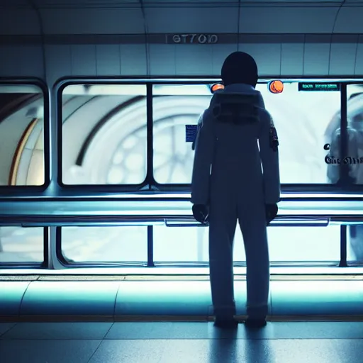 Image similar to a beautiful photo of an astronaut waiting in a subway station, 1970', soft light, morning light, photorealistic, realistic, octane, 8k, cinematic shot