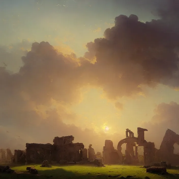 Prompt: a beautiful painting of ruins on the grassland by ivan aivazovsky and greg rutkowski and rhads, in style of digital art. hyper detailed, sharp focus, soft light. octane render. ray tracing. trending on artstation