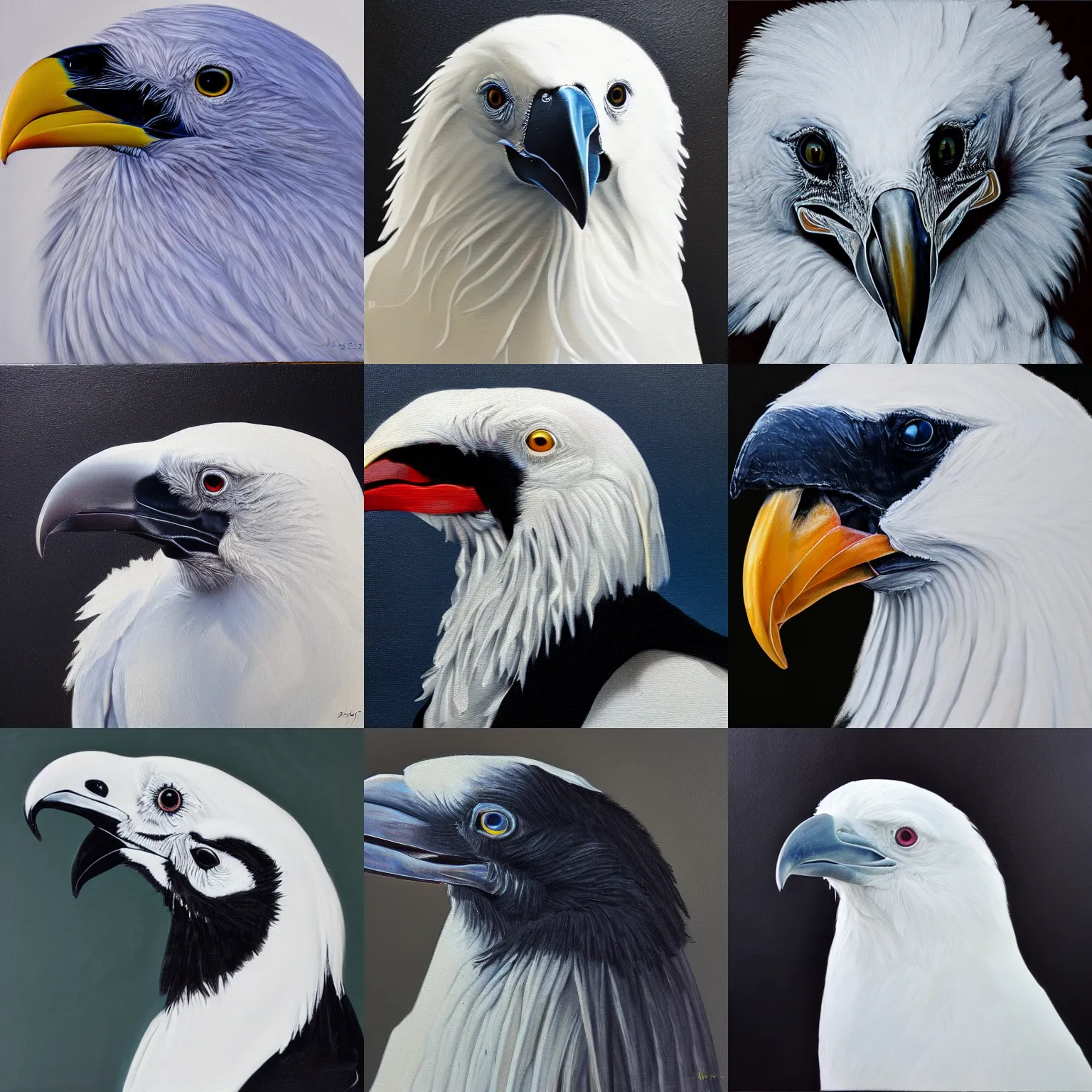 Image similar to closeup of an albino raven, high contrast, oil paint, extremely detailed