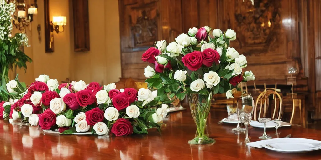 Prompt: low angle establishing shot of a dozen roses placed in a single decorative vase which is centered on a wood grain table located within a luxurious dining room