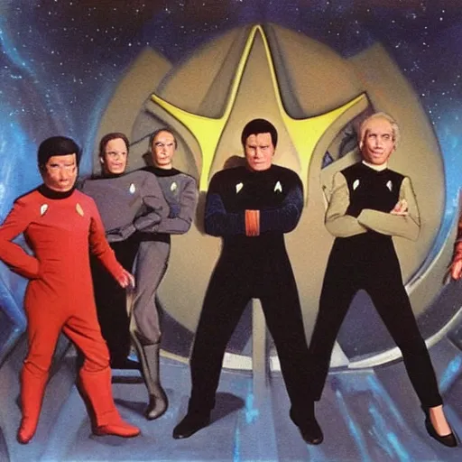 Prompt: the crew from star trek the original series. realistic concept art painting,