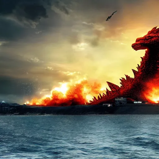 Image similar to godzilla attacking fukushima daiichi unit 4, dramatic lighting