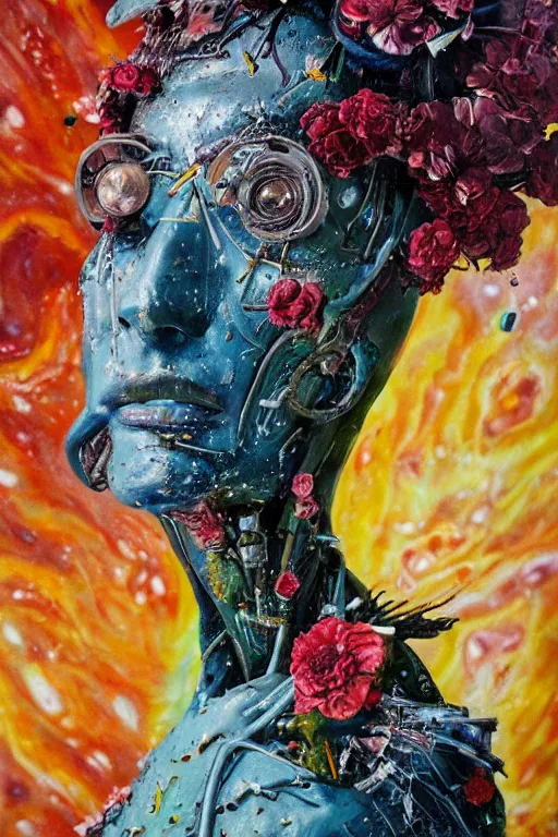 Image similar to oil painting, close-up, hight detailed, melting cyborg with flowers everywhere at red planet, in style of 80s sci-fi art, neodada