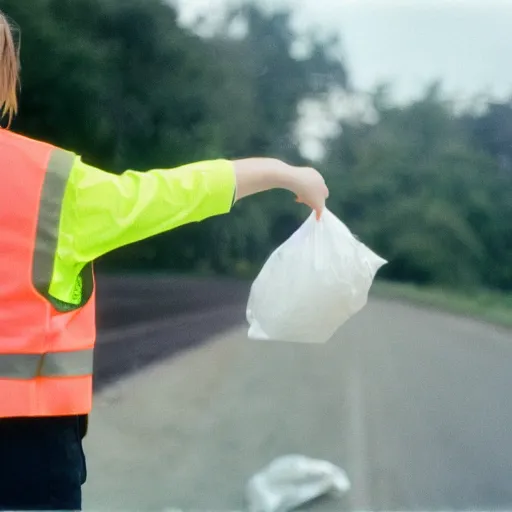 Image similar to photo, close up, emma watson in a hi vis vest picking up trash on the side of the interstate, portrait, kodak gold 2 0 0,