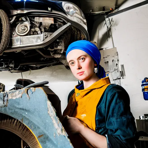 Image similar to the real life version of the girl with a pearl earring living her life as a mechanic in a small town, still from a local magazine, high quality photography,