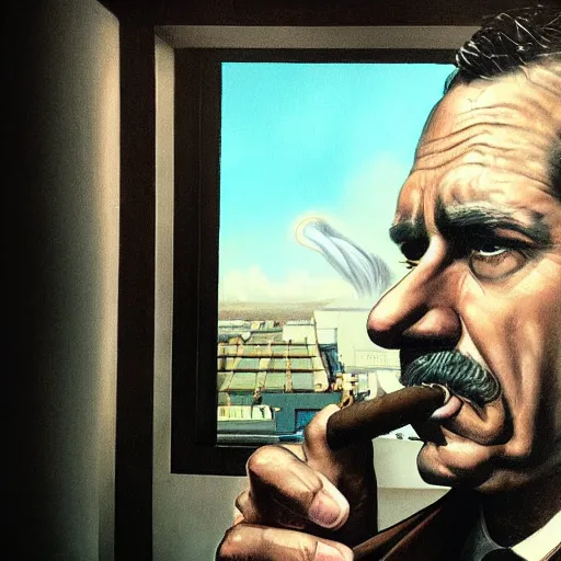 Image similar to Mr. House, realistic, highly detailed face, looks at the nuclear explosion, from the window of the Lucky 38 Casino, man smokes a cigar, ! holding in his Hand !, arm, cigarette advertising, hyperdetailed, artstation trending, ultra HD, artstation, photorealism, ultrarealistic, retro, 45mm, elegant,